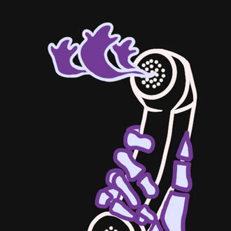 A drawing of a skeletal hand holding an old-fashioned telephone headset, with 3 small purple ghosts coming out from the speaker.